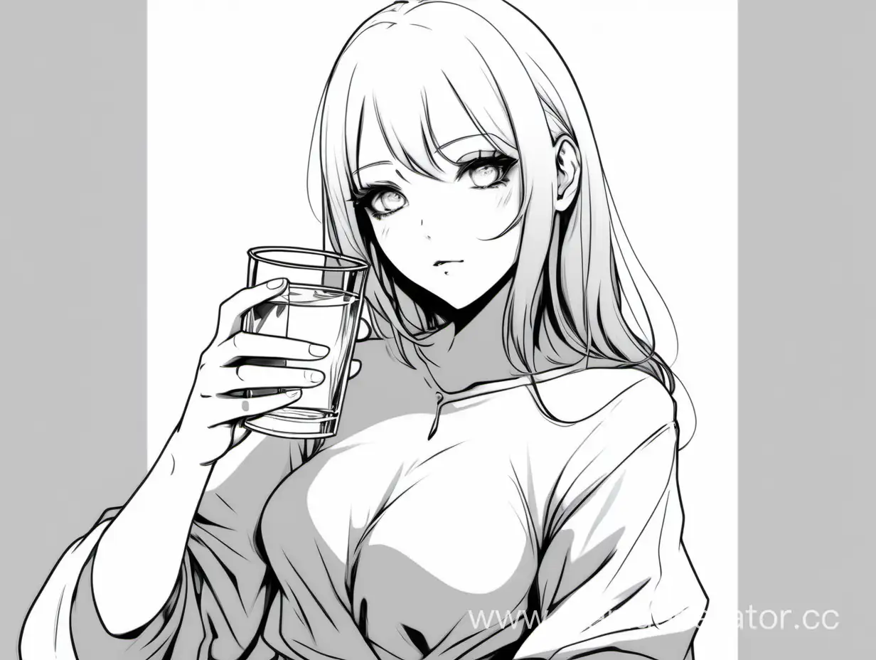 a drawing of a woman holding a glass of liquid, an anime drawing by Lü Ji, cgsociety, computer art, anime aesthetic, anime, outlined art