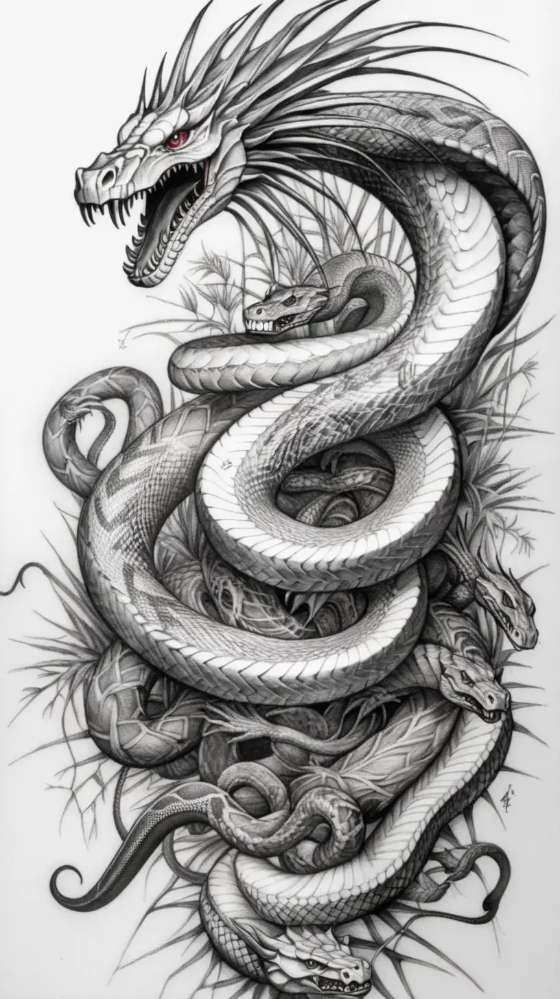 Give me a tattoo design on a left arm with a white background that has snakes, dragons, spiders and webs