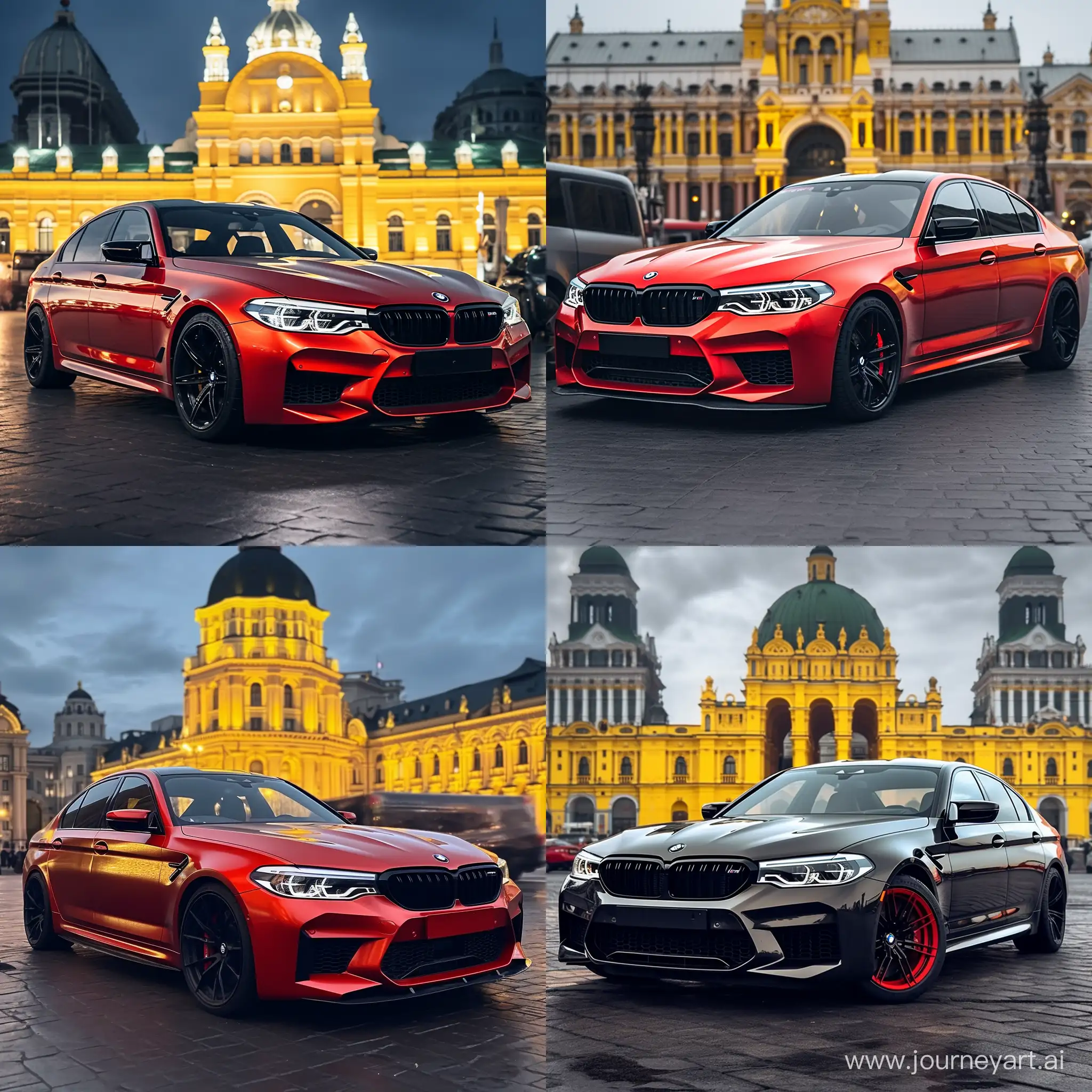 bmw m5 f90 grey and with yellow brake calipers and black discs stands on red square in Moscow 4k realistic