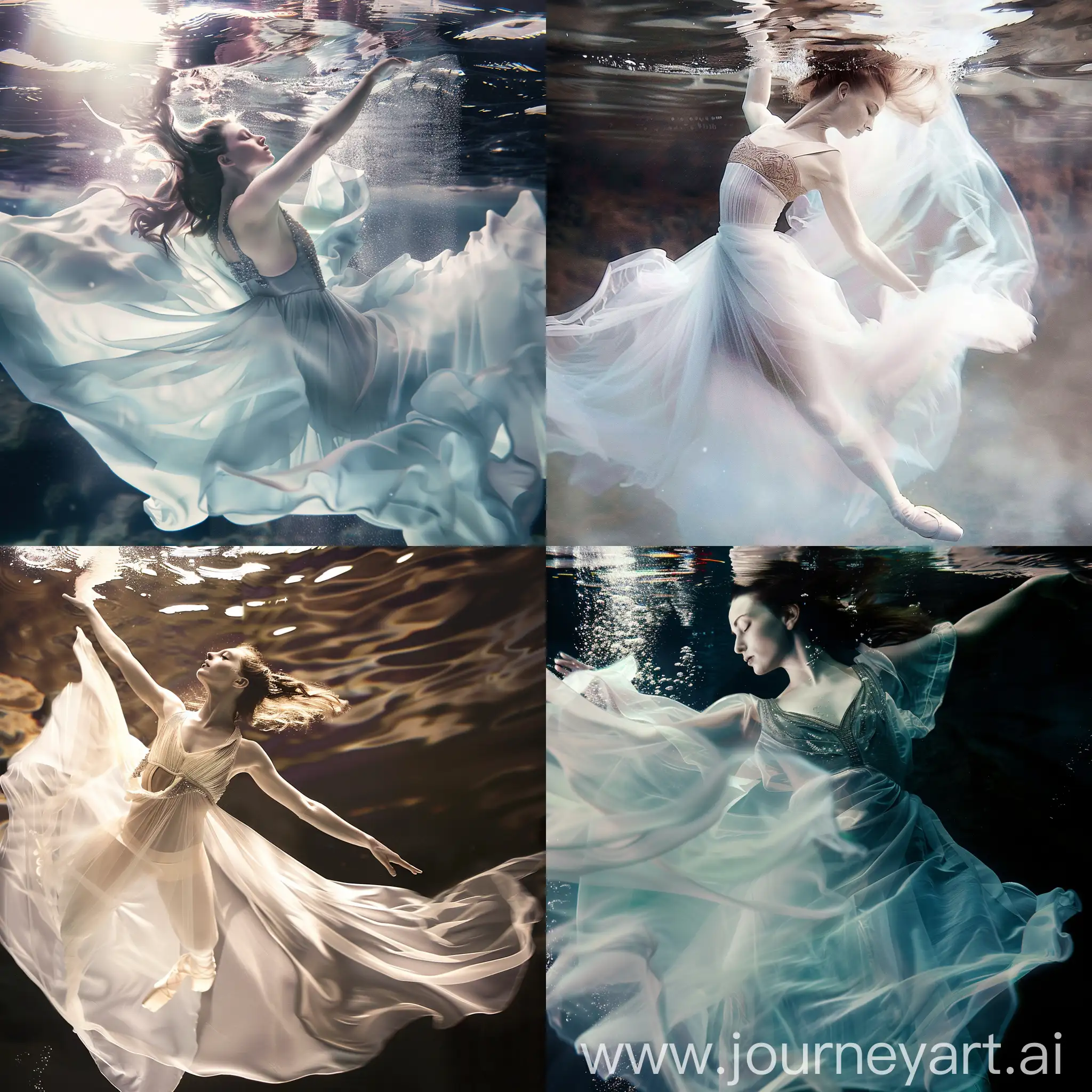 A surreal image of a ballet dancer performing underwater, her gown flowing around her in a weightless dance. The water distorts light and motion, creating a dreamlike atmosphere that accentuates the elegance and fluidity of her movements. --ar 1:1 --s 0 --v 6.0 --style raw