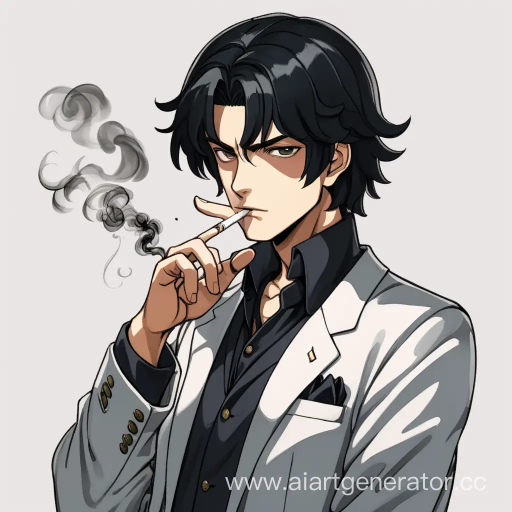 Мужчина с черными волосами выше плеч. классическая одежда, стиль аниме, курит, пять пальцев на руке