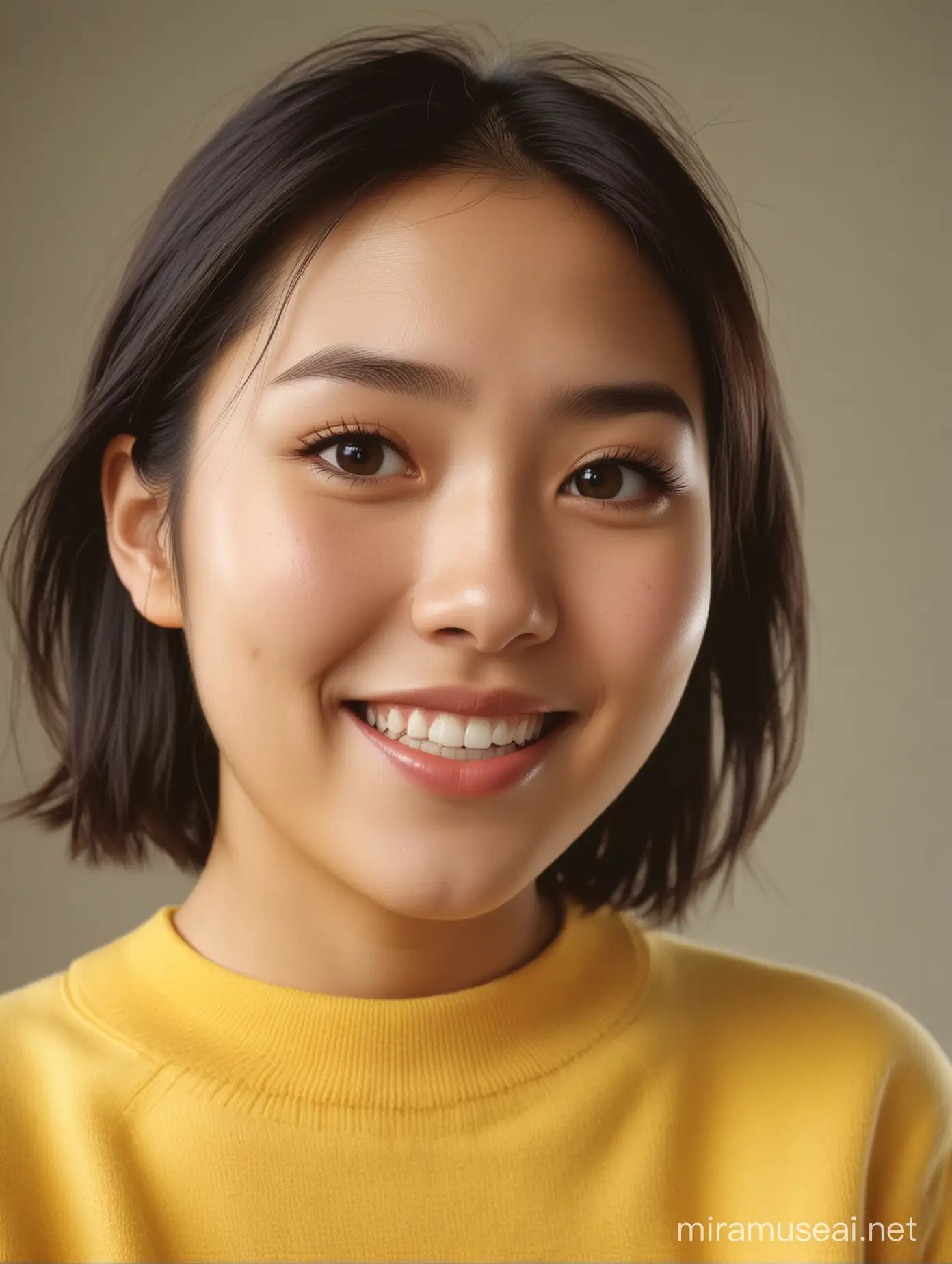 Asian Girl in Yellow Sweater Smiling and Surprised HighQuality MagazineStyle Portrait