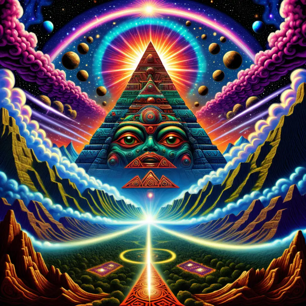 psychedelics dmt trip mayan annunaki alien nephalim glowing cloud's outerspace, mountains, fantastical majestic stars alligning to create a universal flow