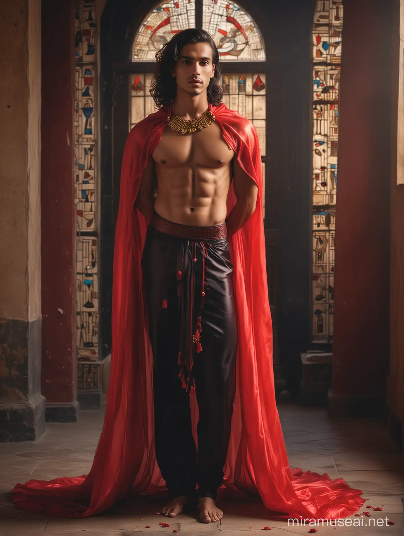 young attractive man male with tanned skin, an athletic build, a very long hair length to waist 65 cm black-wine colored hair with red ends in a revealing translucent red outfit  red milking organza cape in the ancient Egyptian style made of eggplant-colored organza, hands in pockets, standing in a rich room in black and red tones, huge windows in the air, golden radiance in vases, red flowers, face, full face, waist-length portrait fantasy style acent Egypt style 8K detail, 8K quality face full face waist-length portrait 