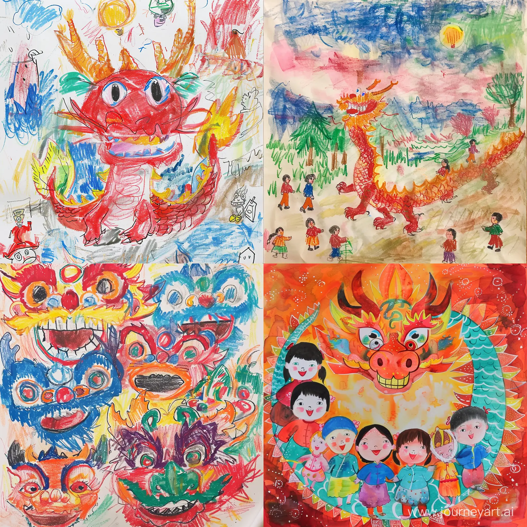 Children's drawings, the Year of the Dragon, celebrating the New Year for an elementary school named Moxian. --v 6 --ar 1:1 --no 23572