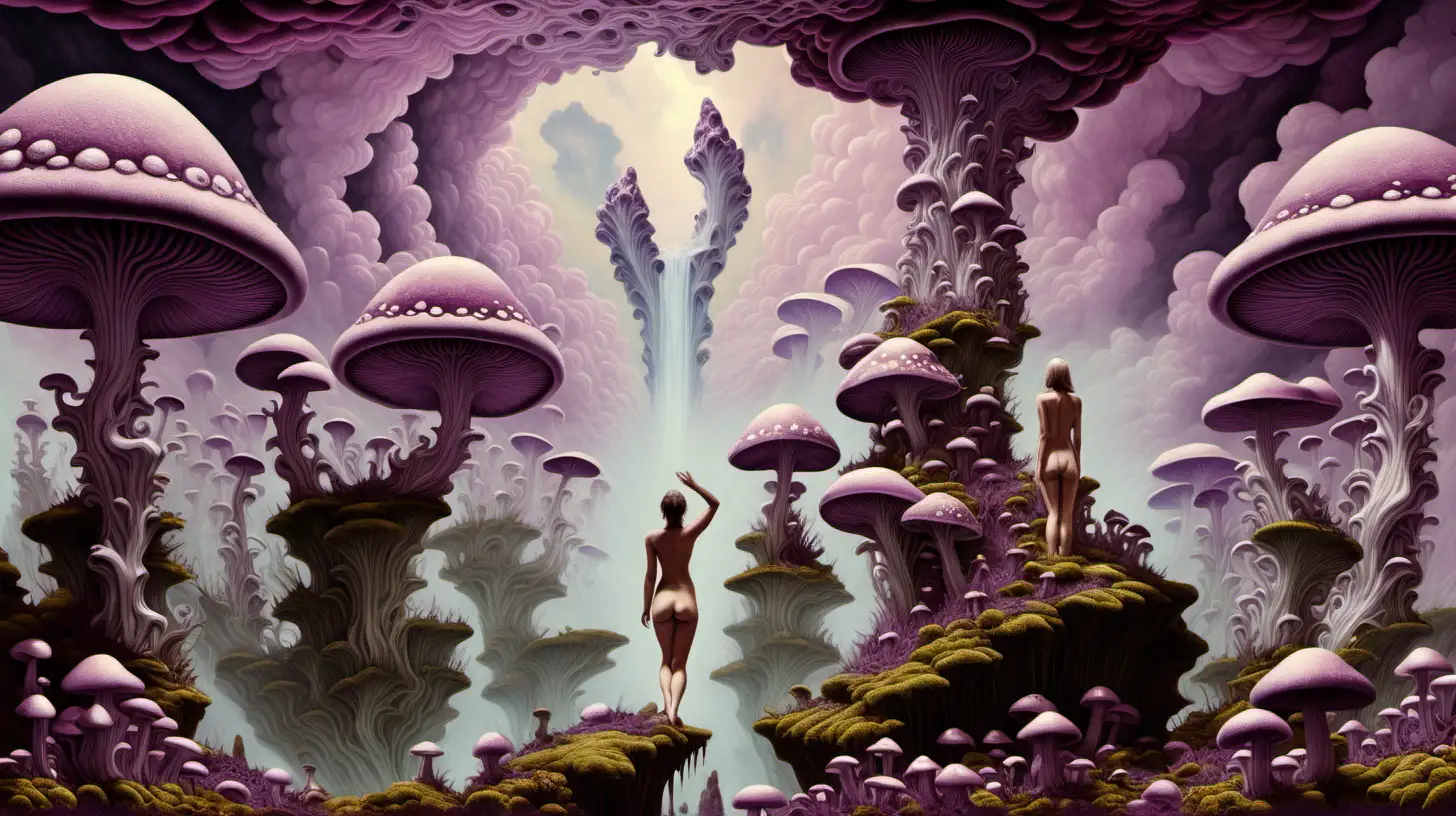 Psychedelic landscape, crystalline purplish mineral clouds, with nude woman ascending up into the sky, Moss, mushrooms with vertical gills, and water on the ground