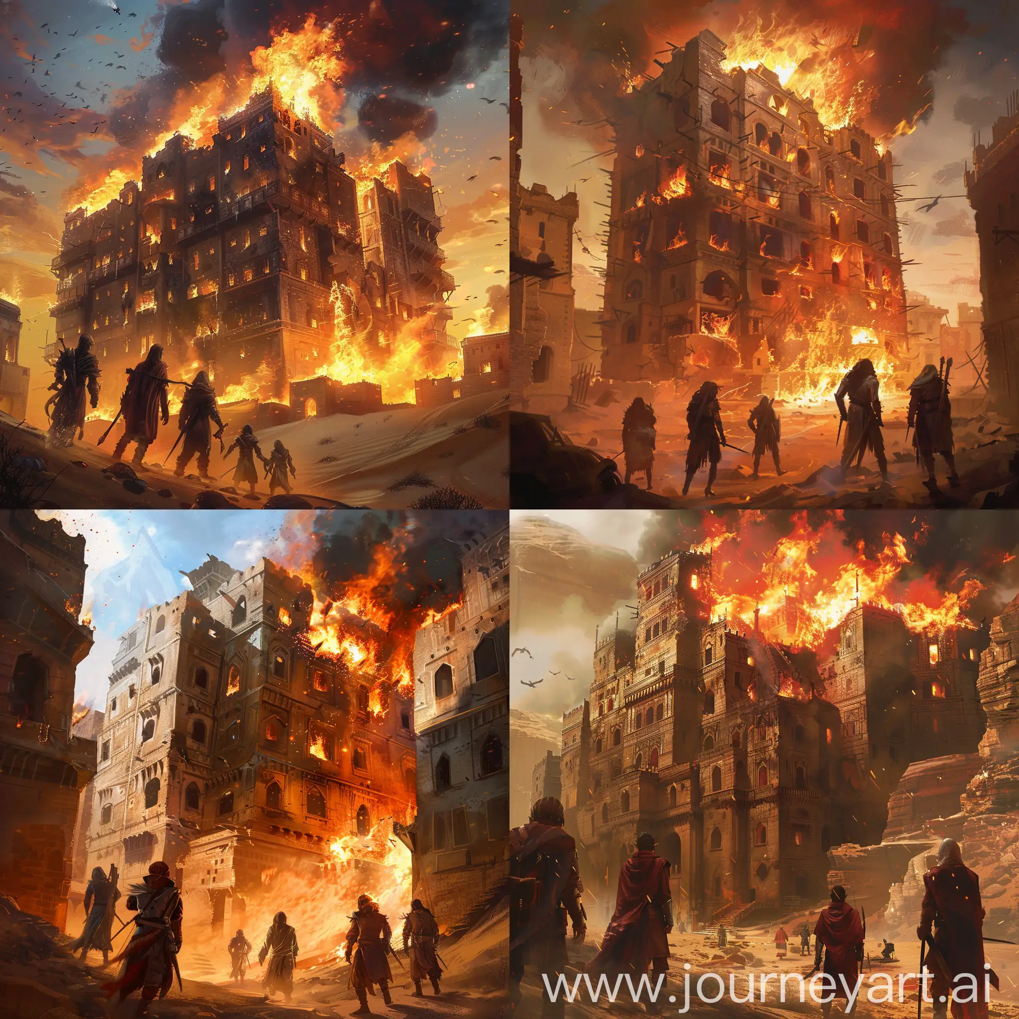 A burning building in a desert city slums with five adventurers watching it fantasy style