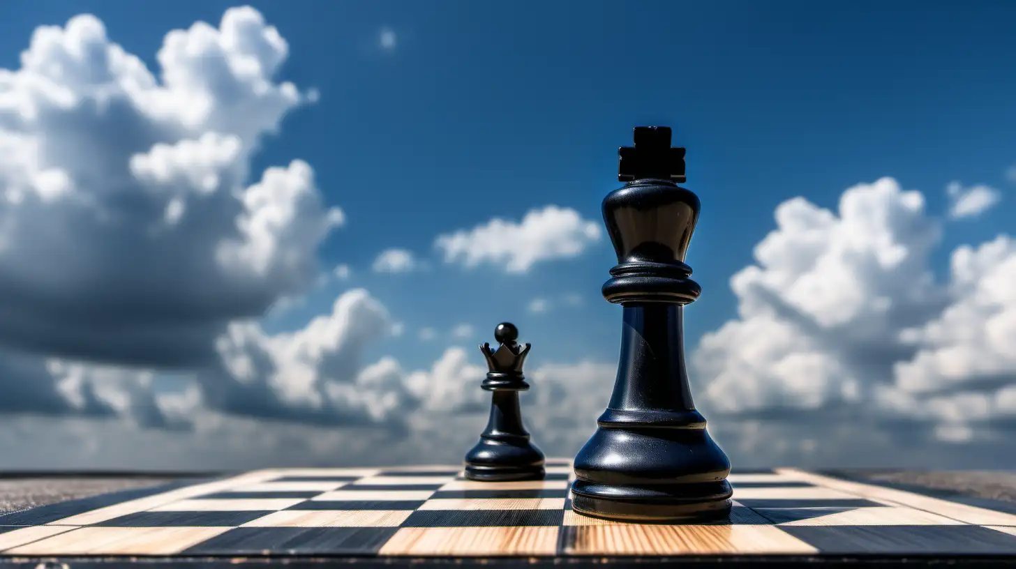 black King chess piece alone on chessboard with blue cloudy sky backgroound