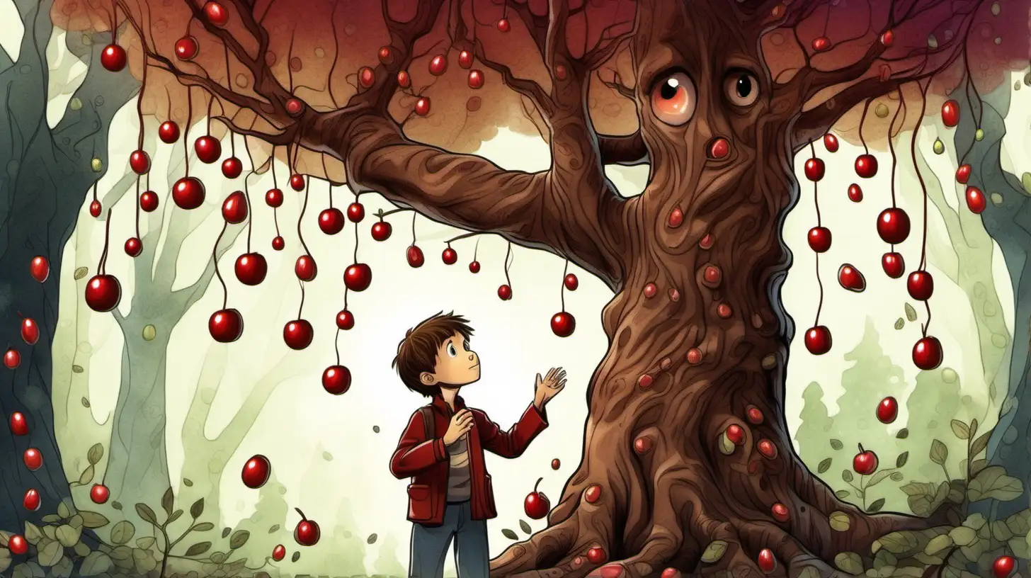illustrate A ten-year-old brown-haired boy stands next to a tree whose fruits are little red candys. It uses tree branches as its hands and has eyes and a mouth.  in the magical forest