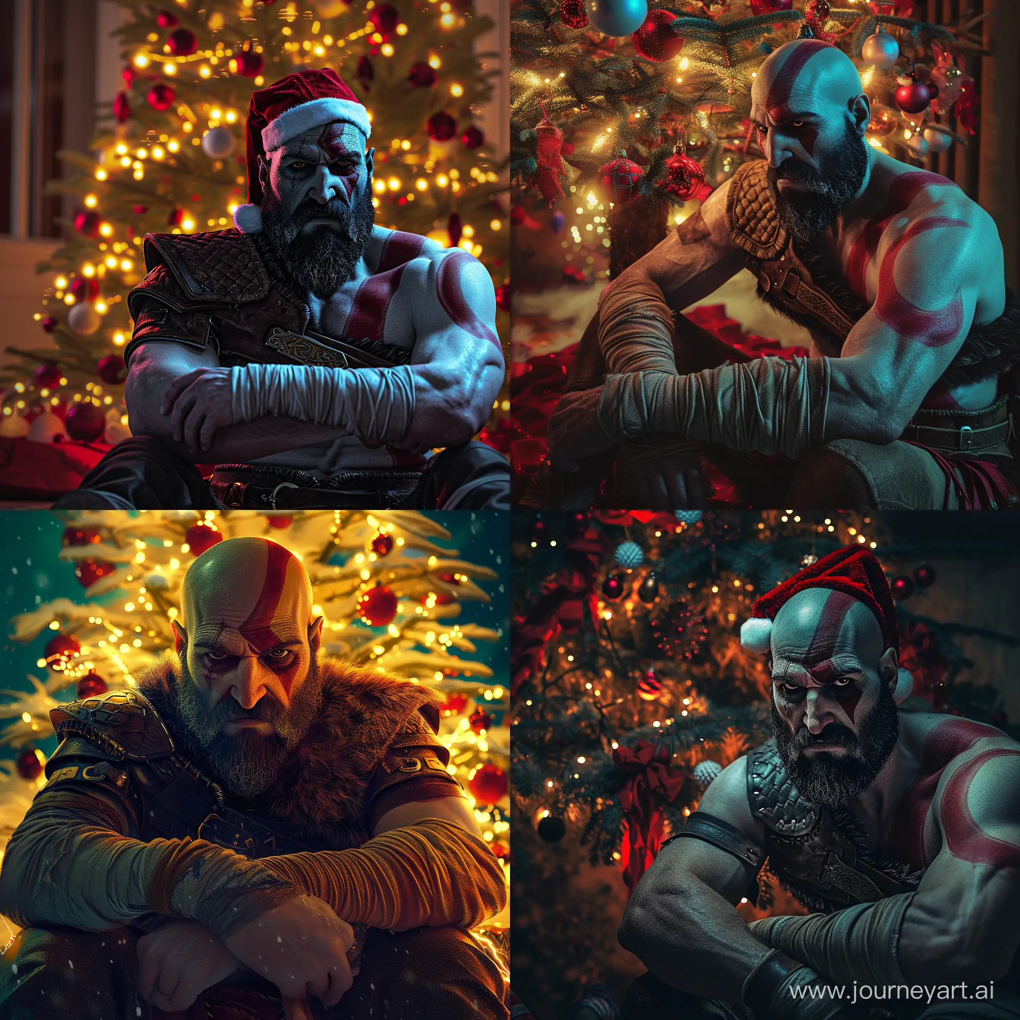 kratos from god of war game, sitting in front of a christmas tree, serious look, wearing a christmas hat, highly detailed, dynamic composition, dramatic light, cinematic, extremely fine detail, sincere, glowing, rich colors, beautiful surreal background, sharp, artistic, winning scenic full color, creative, positive emotional, cute, perfect balanced balance, very inspirational