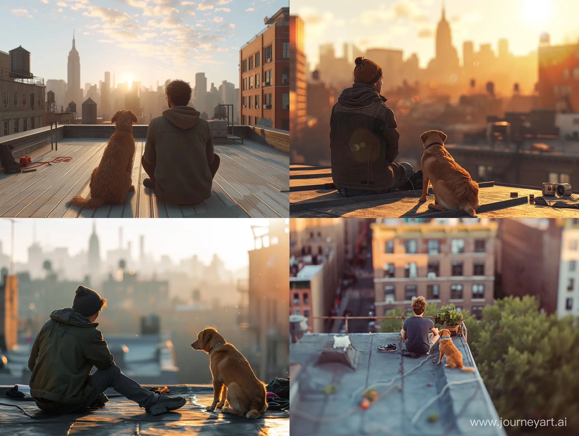a photo screenshot capturing a 1st person view perspective of man sitting on a rooftop with his pet dog, natural lighting, day time, environment, new york, wide view,