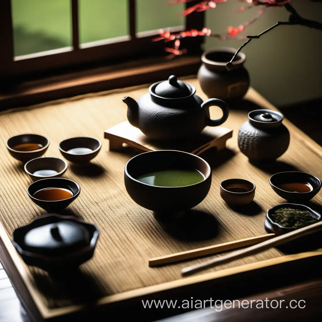 japanese zen garden with a set of tea preparation materials on the 
table , original style
