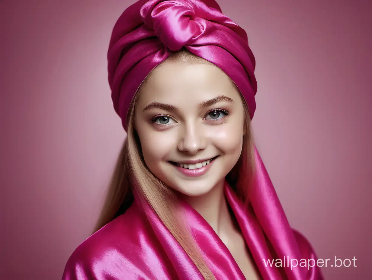 Sweet portrait of Yulia Lipnitskaya smiles with long straight silky hair in long Beautiful, gentle, Luxurious glamour natural pink fuchsia mulberry silk with pink silk towel turban