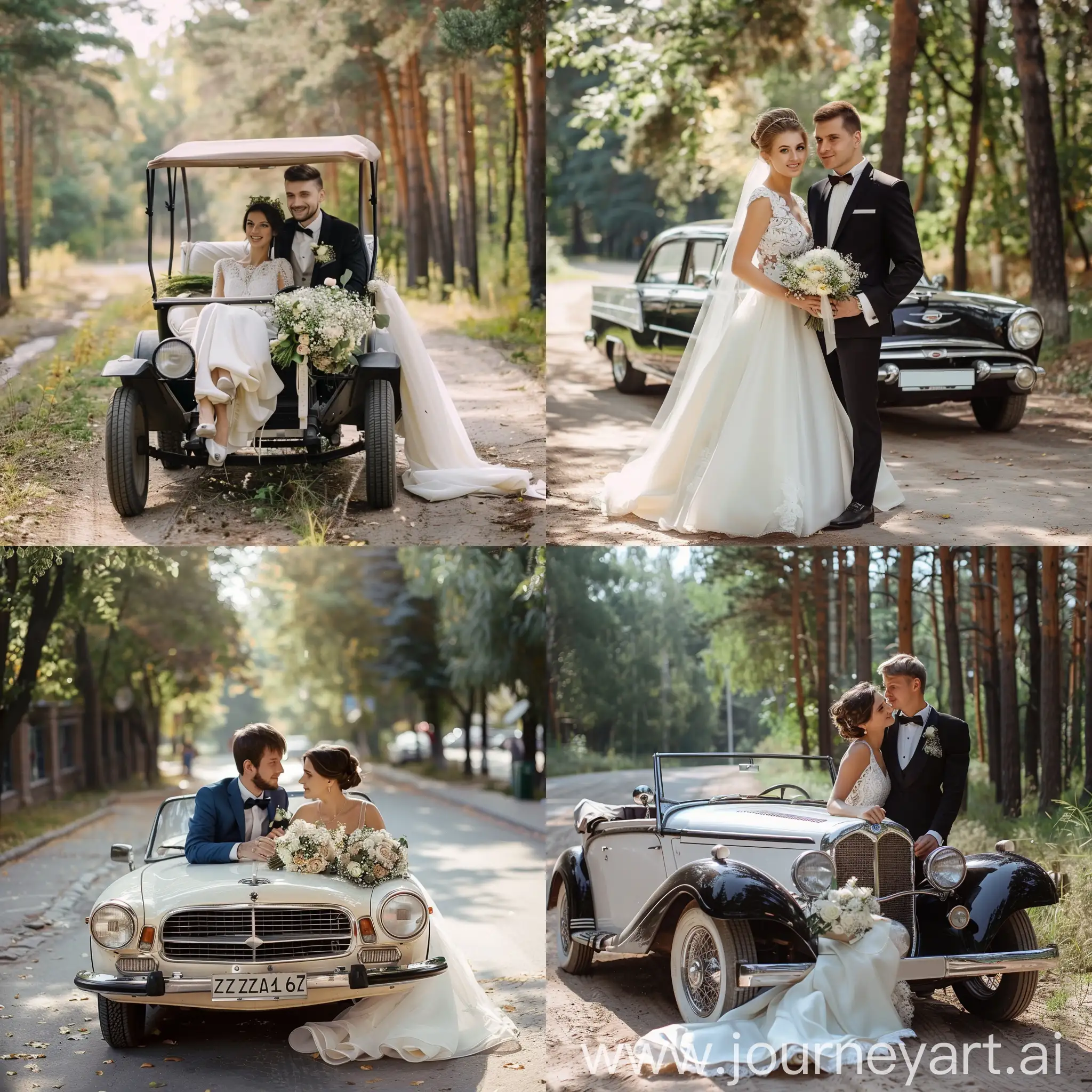 Newlywed-Couple-Exiting-Vintage-Zhiguli-Car-at-Wedding-Venue