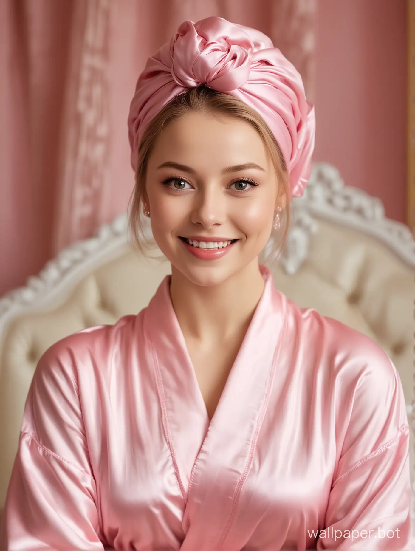Glamorous Portrait of Young Queen Yulia Lipnitskaya Smiling in Luxurious Pink Silk Robe and pink silk Turban