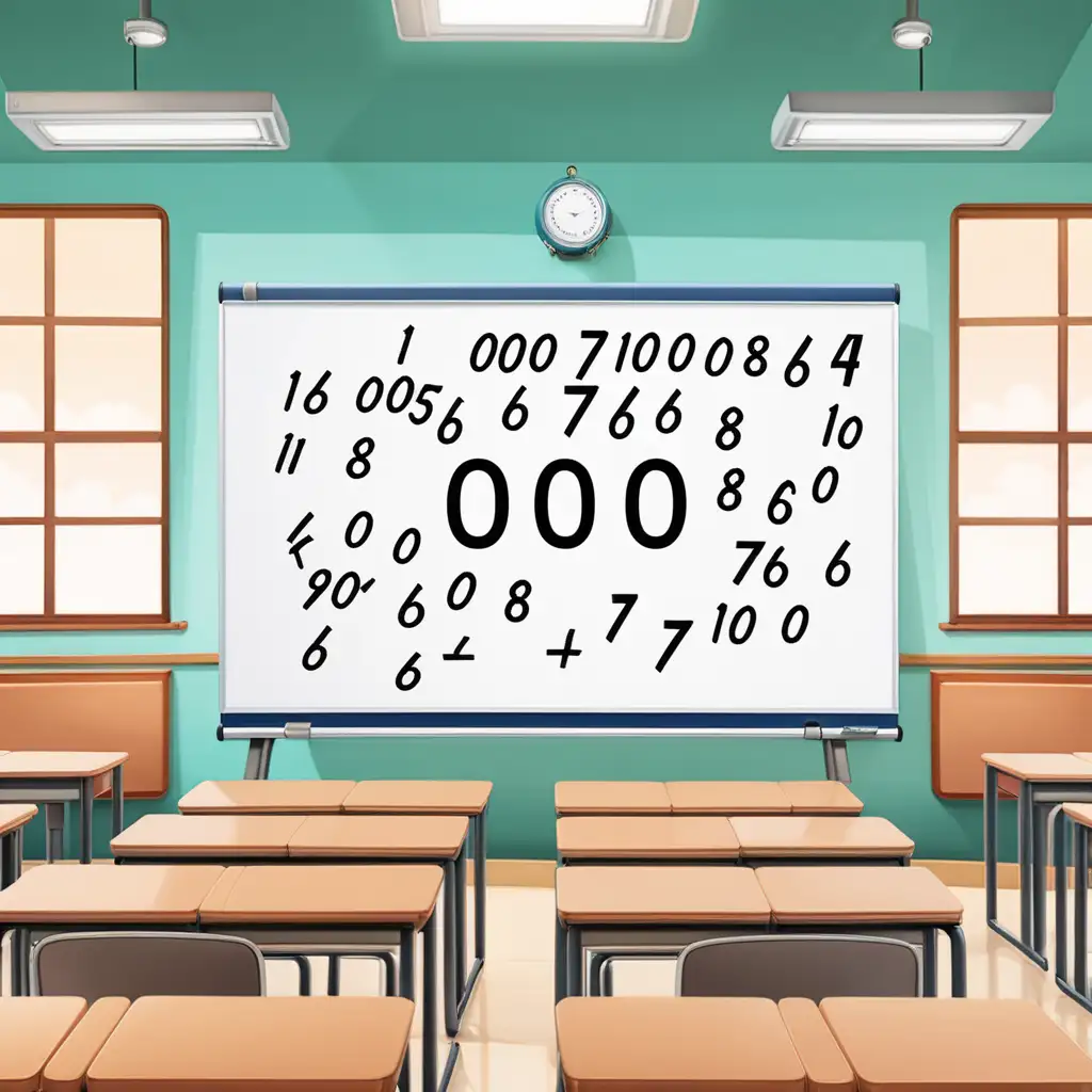 Close up image of the Number 0010000  is displayed on a classroom board. Beautiful background illustrations, 3D illustrator of an animated scene.