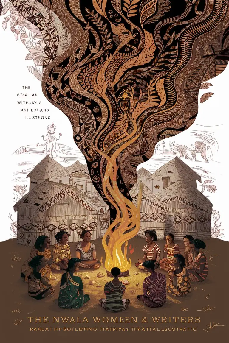 book cover, African mythology and folklore, showcasing pencil drawing of african village infused with mythology at the bottom of the cover, traditional patterns, and symbolic elements Flowing out of the bottom rising to the top in full colour. Title 'Once Upon A Village Tale' Author "Nwala Women Writers"
