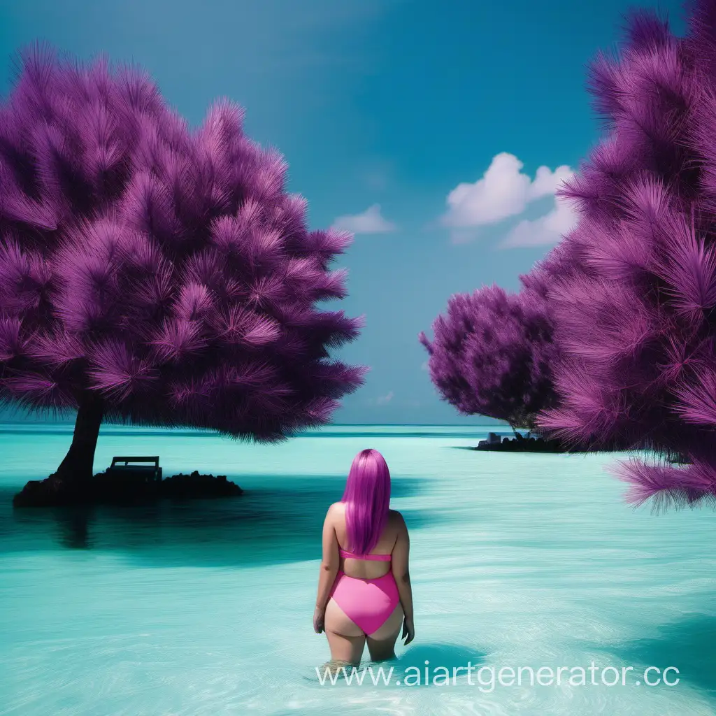Plump woman, violet hair, maldives, pink swimming suit, sea, rest, blue sky, pine tree