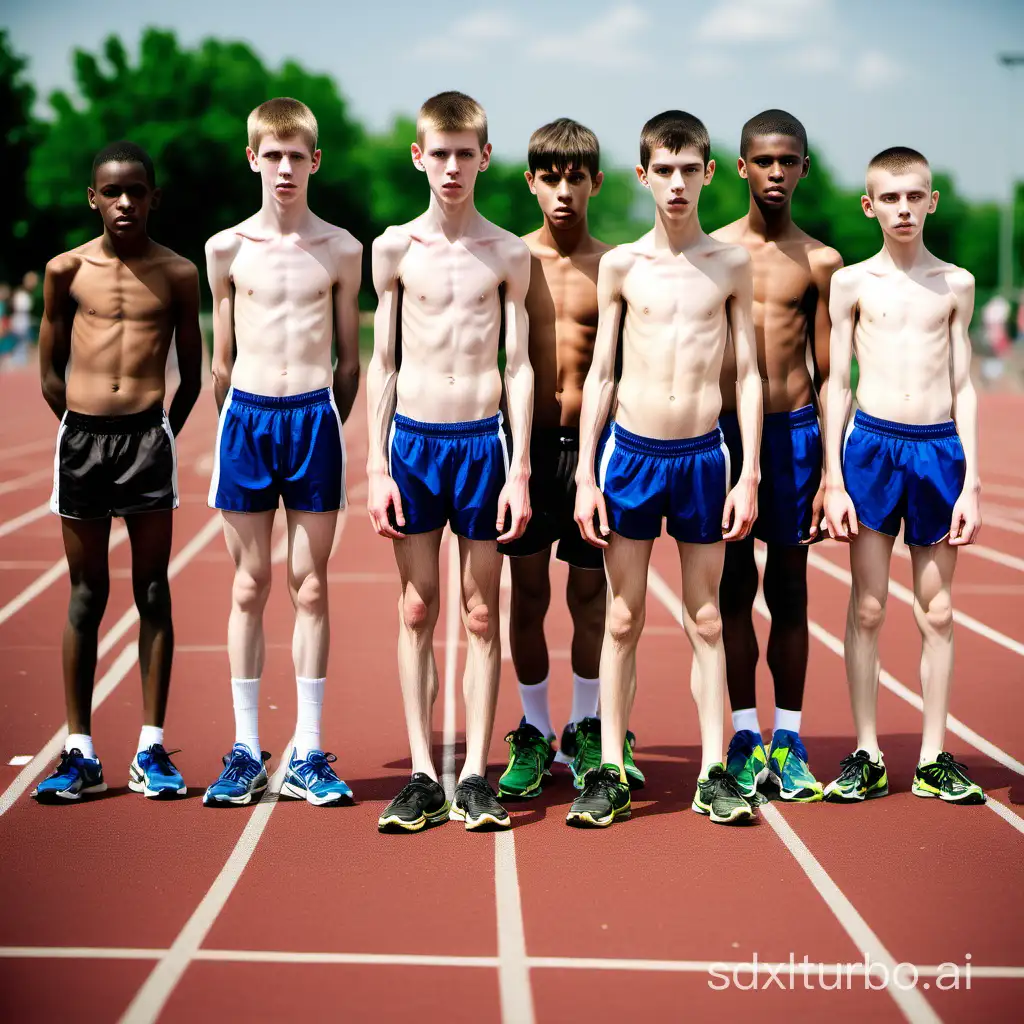 a large group of extremely skinny thin slim underweight anorexic teen track and field boys shirtless in running shorts lower wide angle perspective from ground emphasis on shoesole legs feet ribcage malnutrition