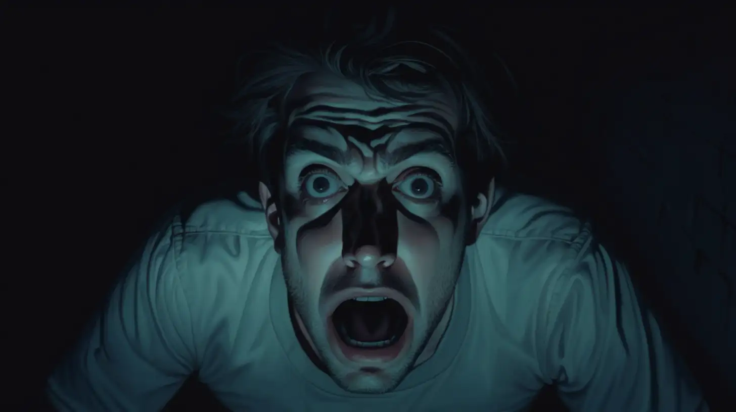 Fearful Man Gasping in Profound Darkness