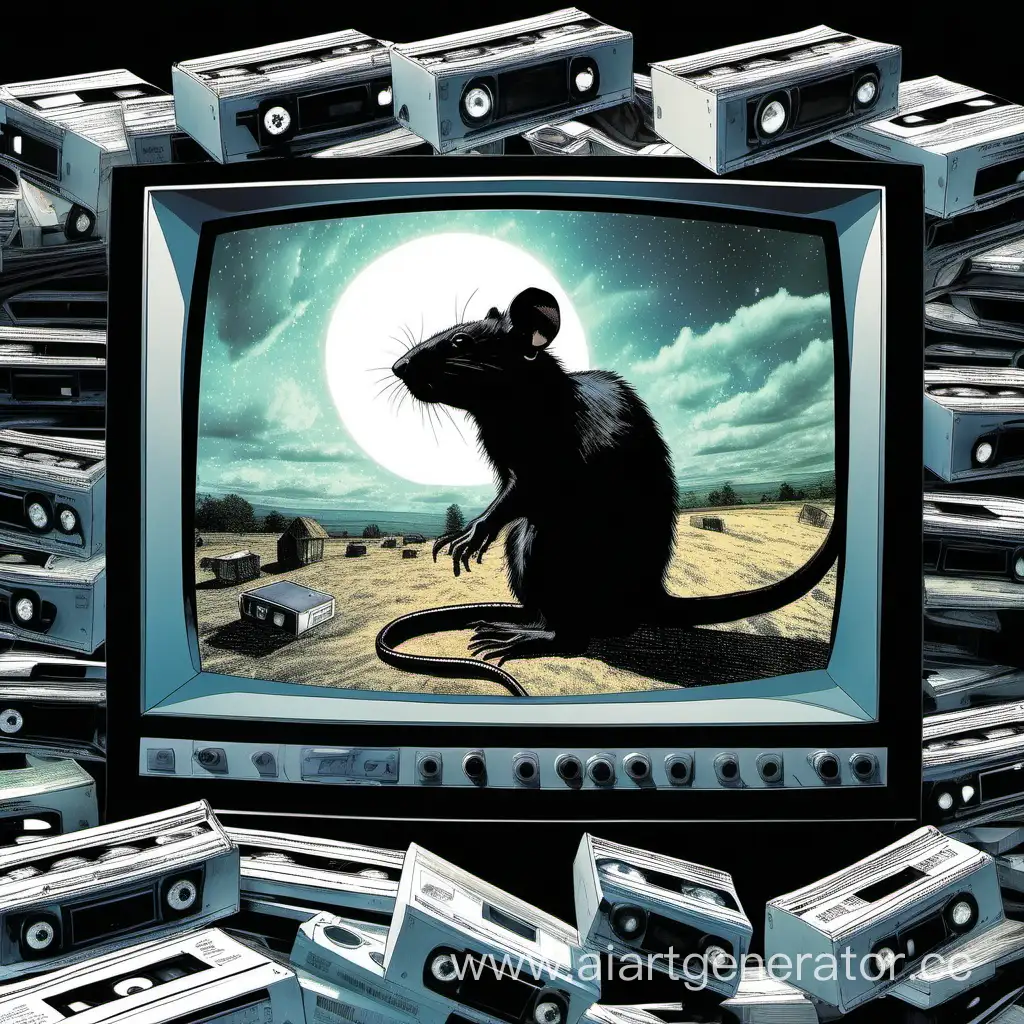 Черная крыса смотрит видео через видеомагнитофон, вокруг много видеокассет, стиль 90-х годов, на экране телевизора кадр из фильма Звонок, вид на небо из колодца