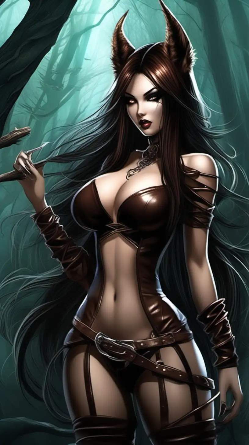 An of a very pretty and sexy Evil girl, animalistic characteristics such as Sharp nails, animal ears,  and long Sharp teeth, sexy curves, wearing a leather thong, and very long and straight brown hair in a magical forest, in detailed fantasy style