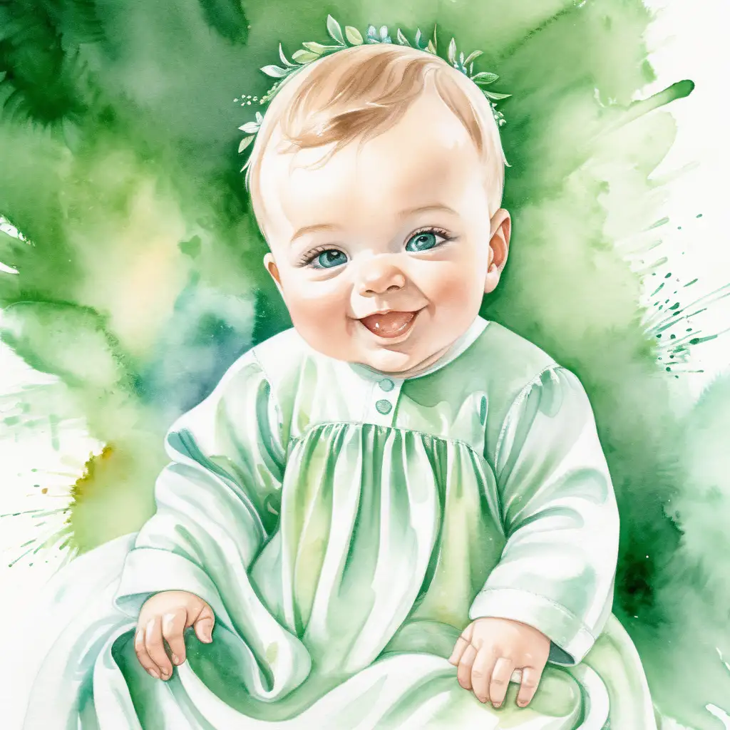 En söt glad pojkbebis I en lång dopklänning, I gröna nyanser , med vattenfärg 