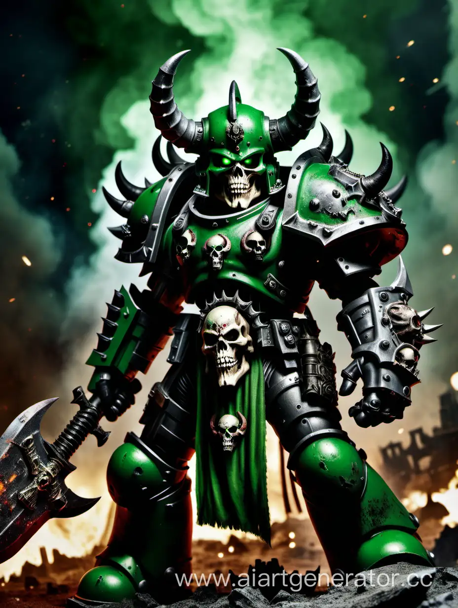 Warhammer 40000 chaos space marine in skull horned helmet with green burning eyes, with axe in right hand and sword on left hand, space background