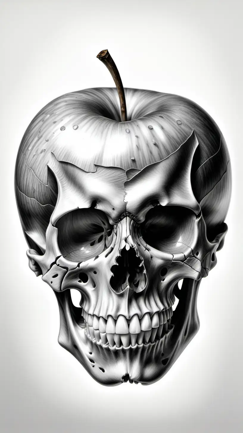 A  realistic drawing featuring A highly detailed pencil sketch of the left half of an apple cut vertically, that an profile  image of a half skull is appear on  that apple's skin. 
Drawn in a photorealistic style.
[black and white and gold]
white empty background