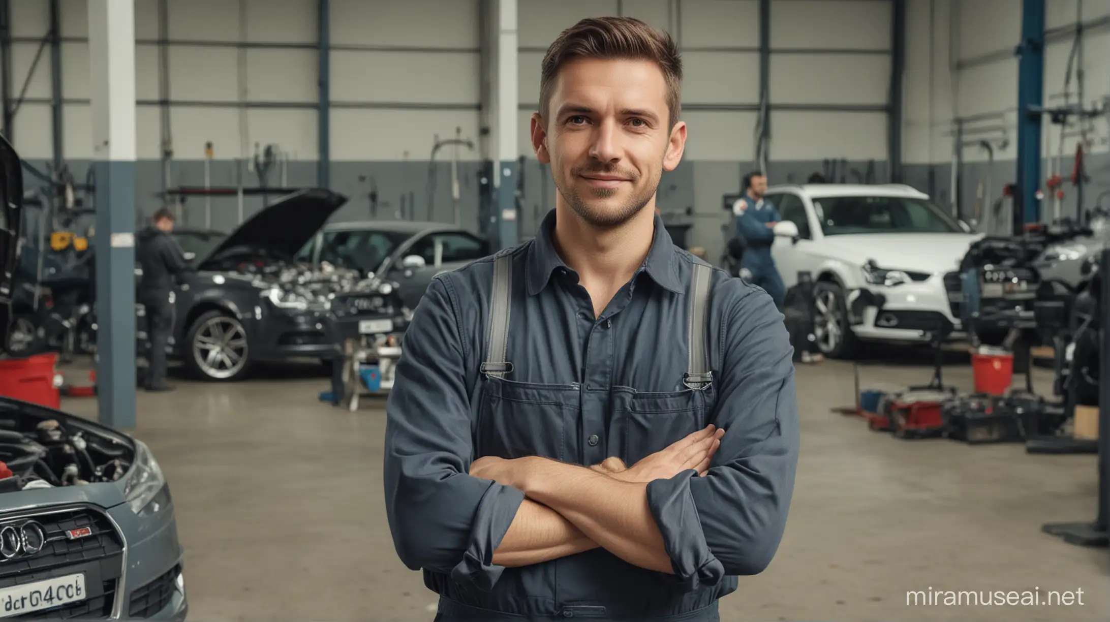 a mechanic in a car workshop, satisfied with the work he has done, stands in front of an Audi, arms crossed, tool or rag in hand, looking into the camera.