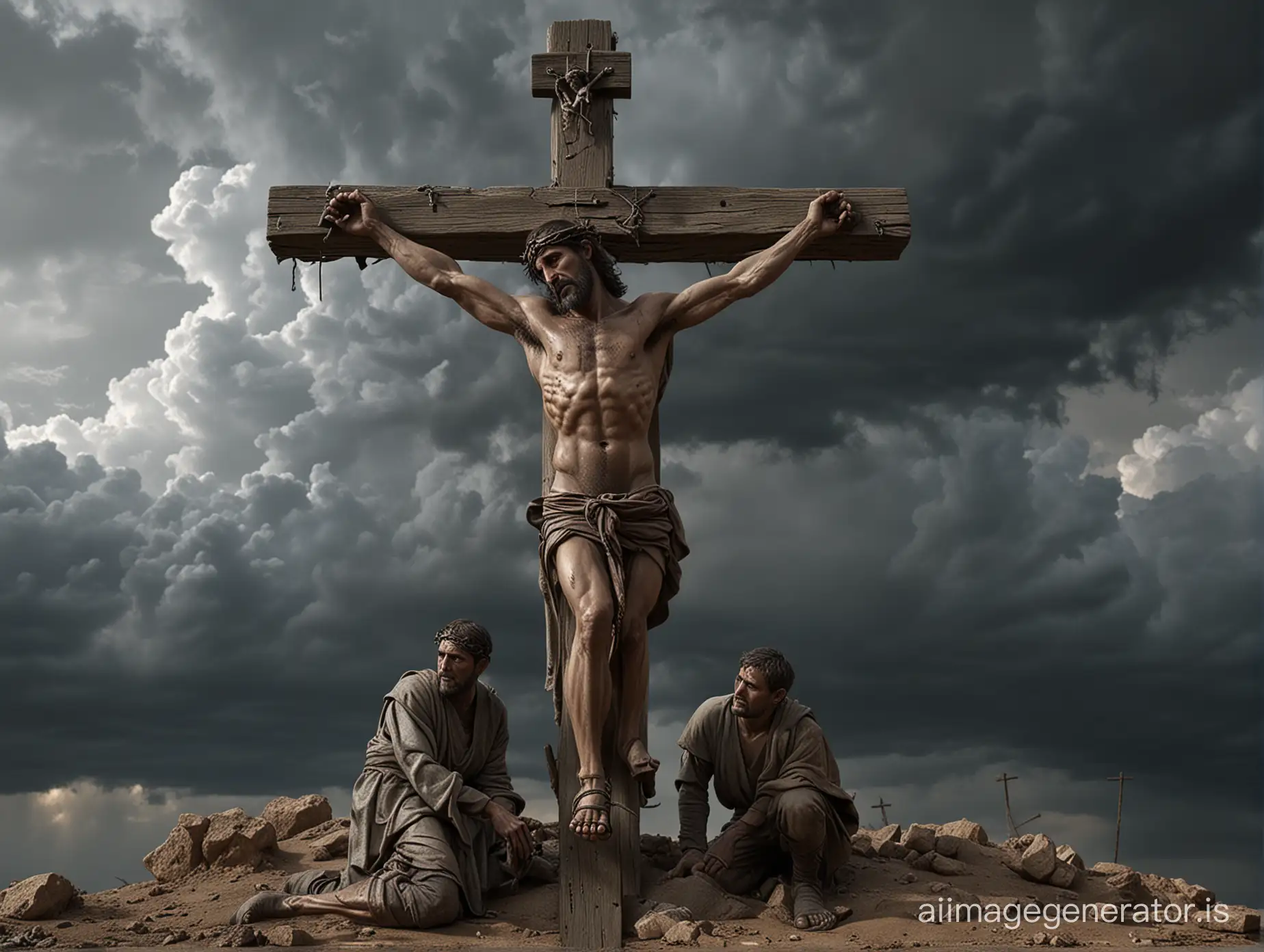 Hyper-Realist-Crucifixion-Scene-of-Three-Men-at-Base-of-Golgotha-under-Gathering-Storm-Clouds