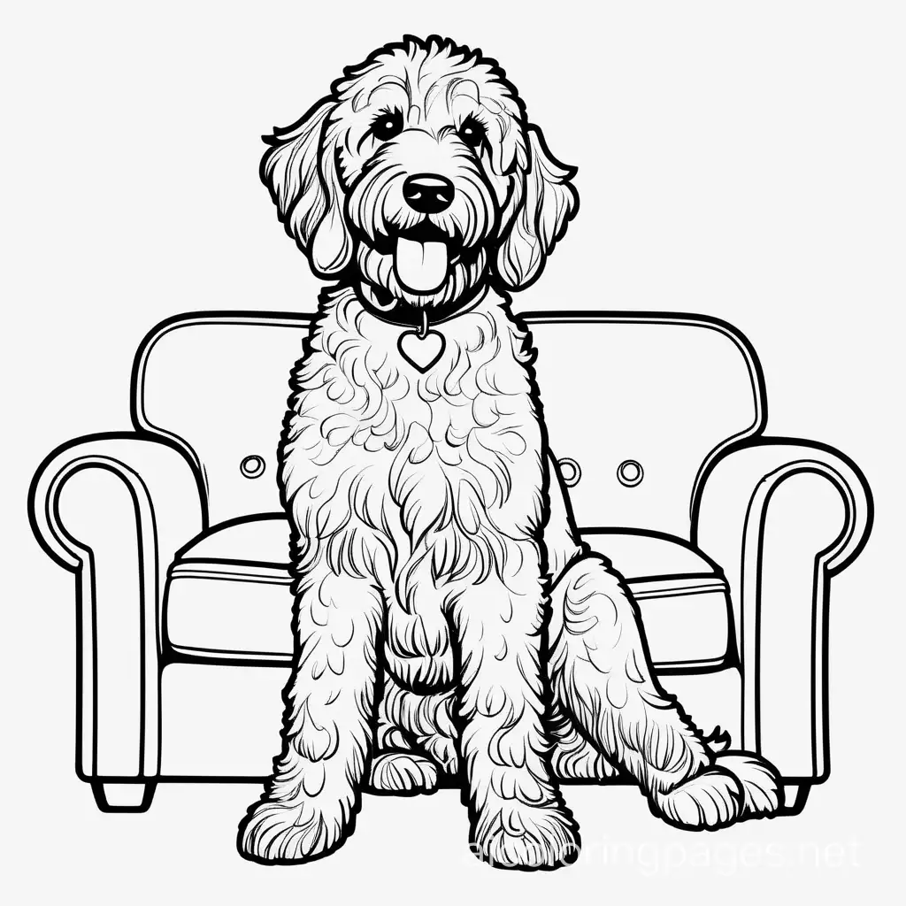 a line art golden doodle that is happily sitting  on the couch, Coloring Page, black and white, line art, white background, Simplicity, Ample White Space. The background of the coloring page is plain white to make it easy for young children to color within the lines. The outlines of all the subjects are easy to distinguish, making it simple for kids to color without too much difficulty