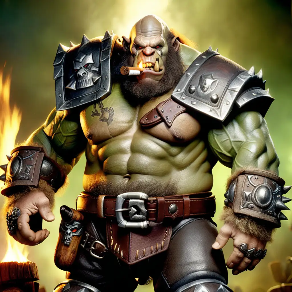Bald Orc Warrior Orgrim Doomhammer in Leather Chaps with Smoldering Cigar