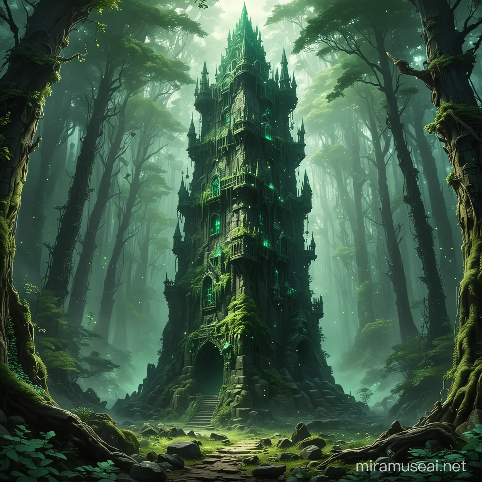 Enchanted Emerald Tower in Ancient Forest with Crackling Energy