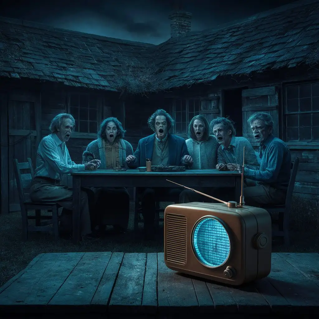 Frightened Villagers Gathered Around Glowing Radio in Old Hut at Night