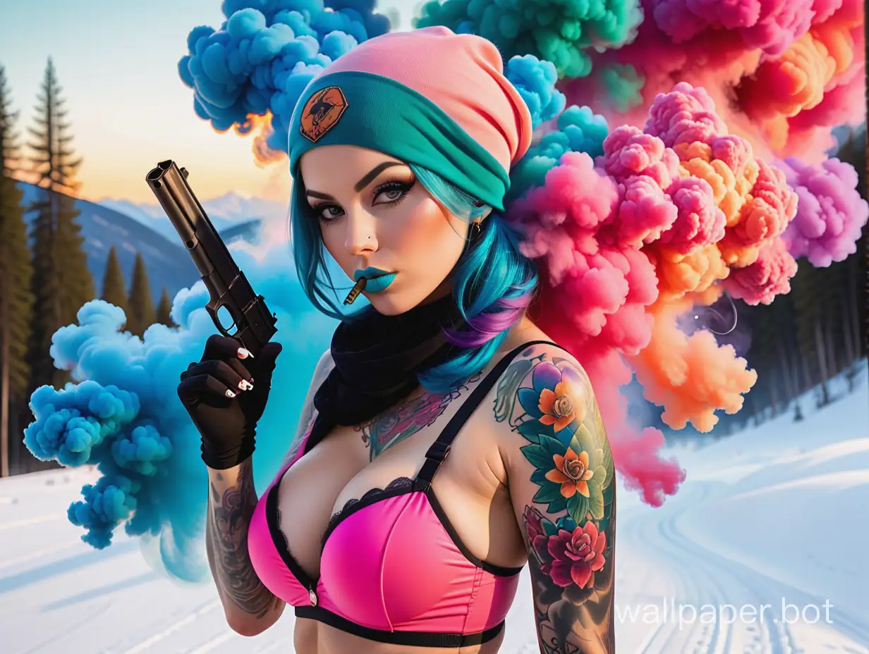 huge colorful smoke bomb ski mask
sexy tattooed rebel pin-up girl holding a gun