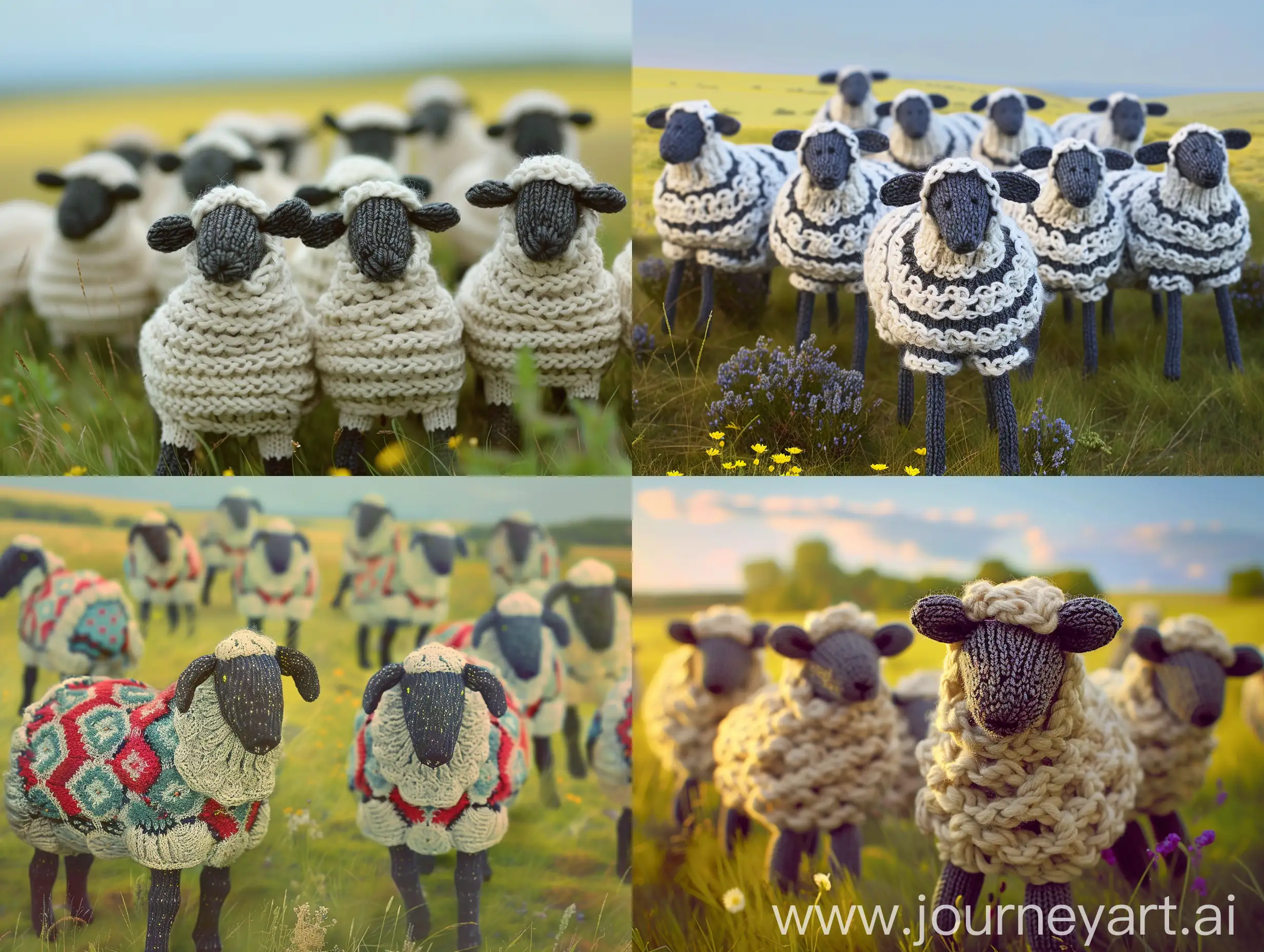 imagine flock of knitted sheep in graphic design on a field background, in 1920×1080 format