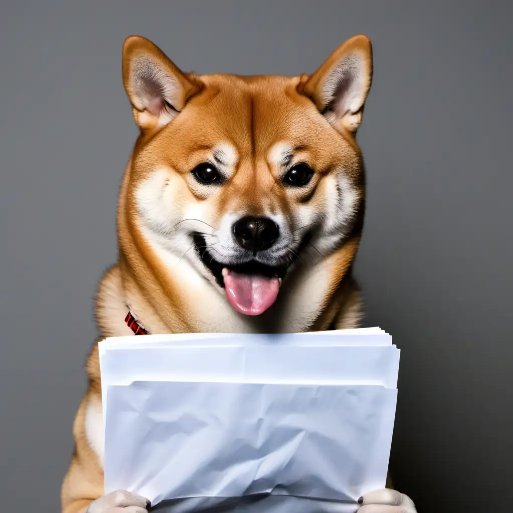 shiba dog  holds documents in his mouth