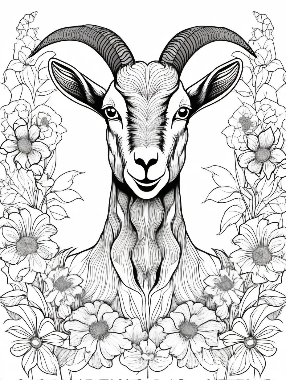 goat  in flowers for adults for coloring book for women, Coloring Page, black and white, line art, white background, Simplicity, Ample White Space. The background of the coloring page is plain white to make it easy for young children to color within the lines. The outlines of all the subjects are easy to distinguish, making it simple for kids to color without too much difficulty