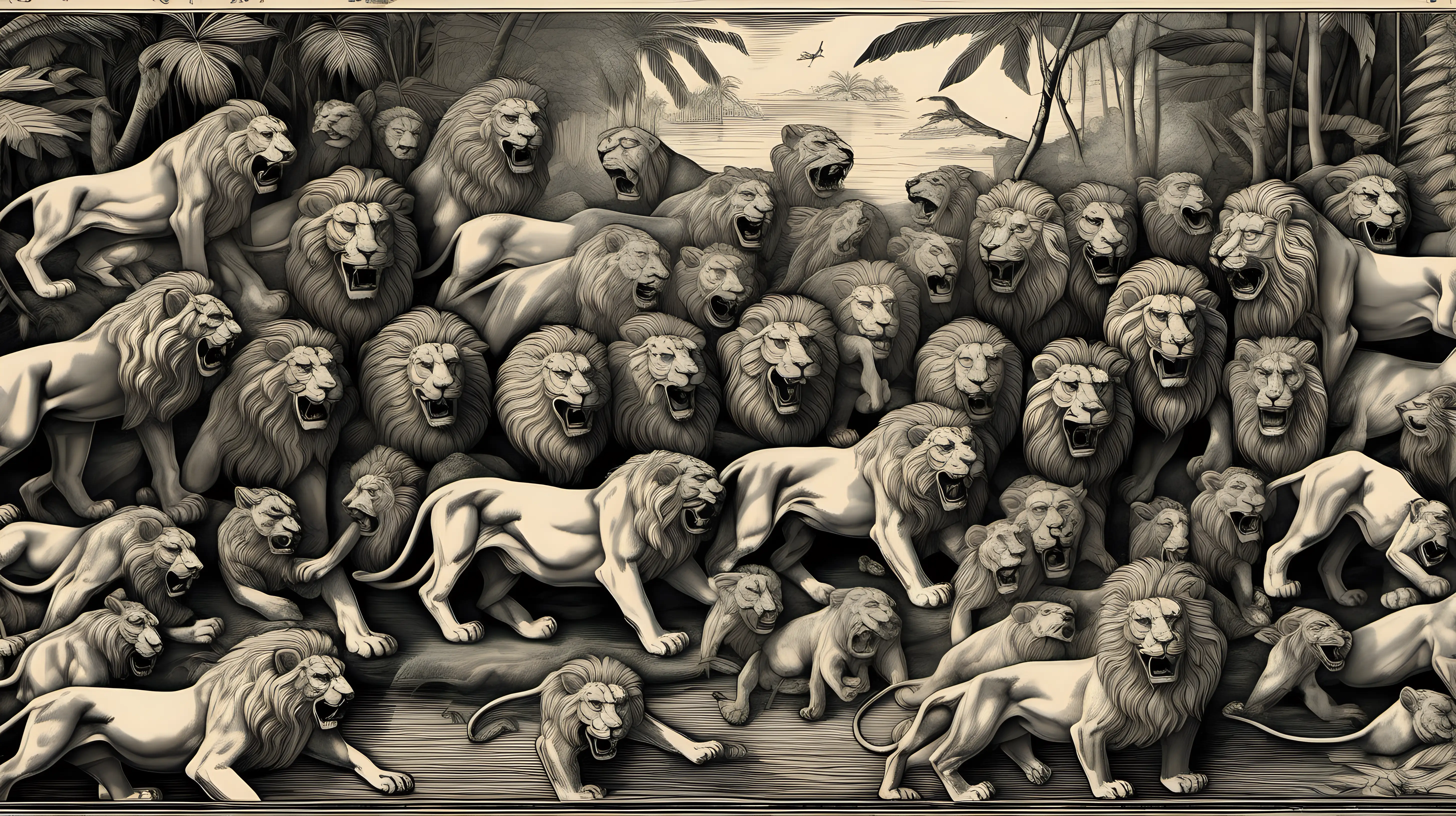 A big pack of 16th century roaring lions with human heads and faces are on the ground of the Amazon jungle surrounded wet jungle  by the river. In the engraving style of Theodore the Bry. Duotone