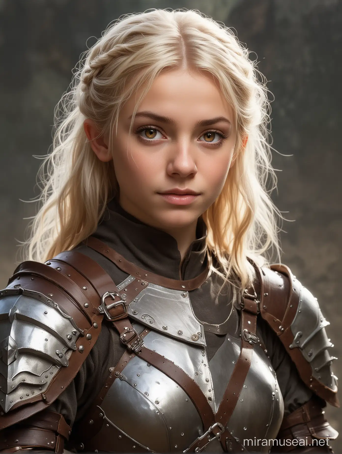 A young halfling woman with blonde hair, brown eyes and white skin. She wears leather armour.