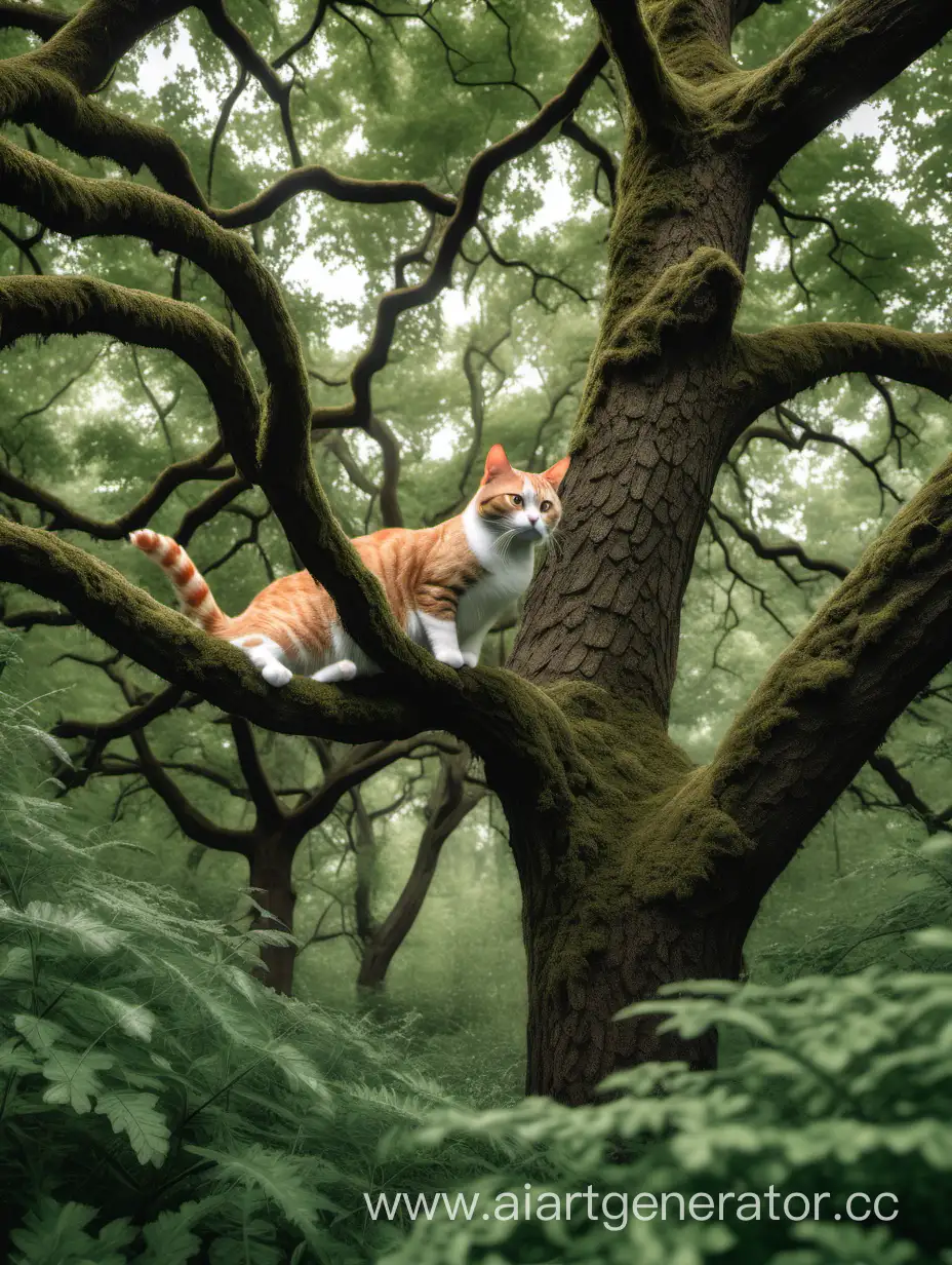 Густой лес с высокими деревьями и кустарником,  на переднем плане дуб, на ветке дуба сидит кот