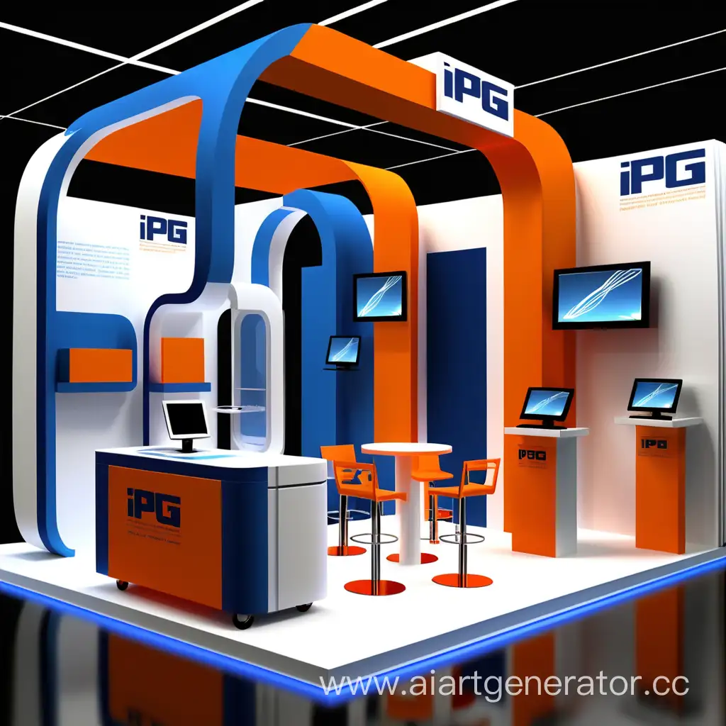 Разработать концепцию и дизайн выставочного стенда для компании по производству лазеров, которая называется "iPG" отражающий уникальность продукции и привлекающий внимание целевой аудитории на мероприятии. оранжевый  и синий и  белый цвета