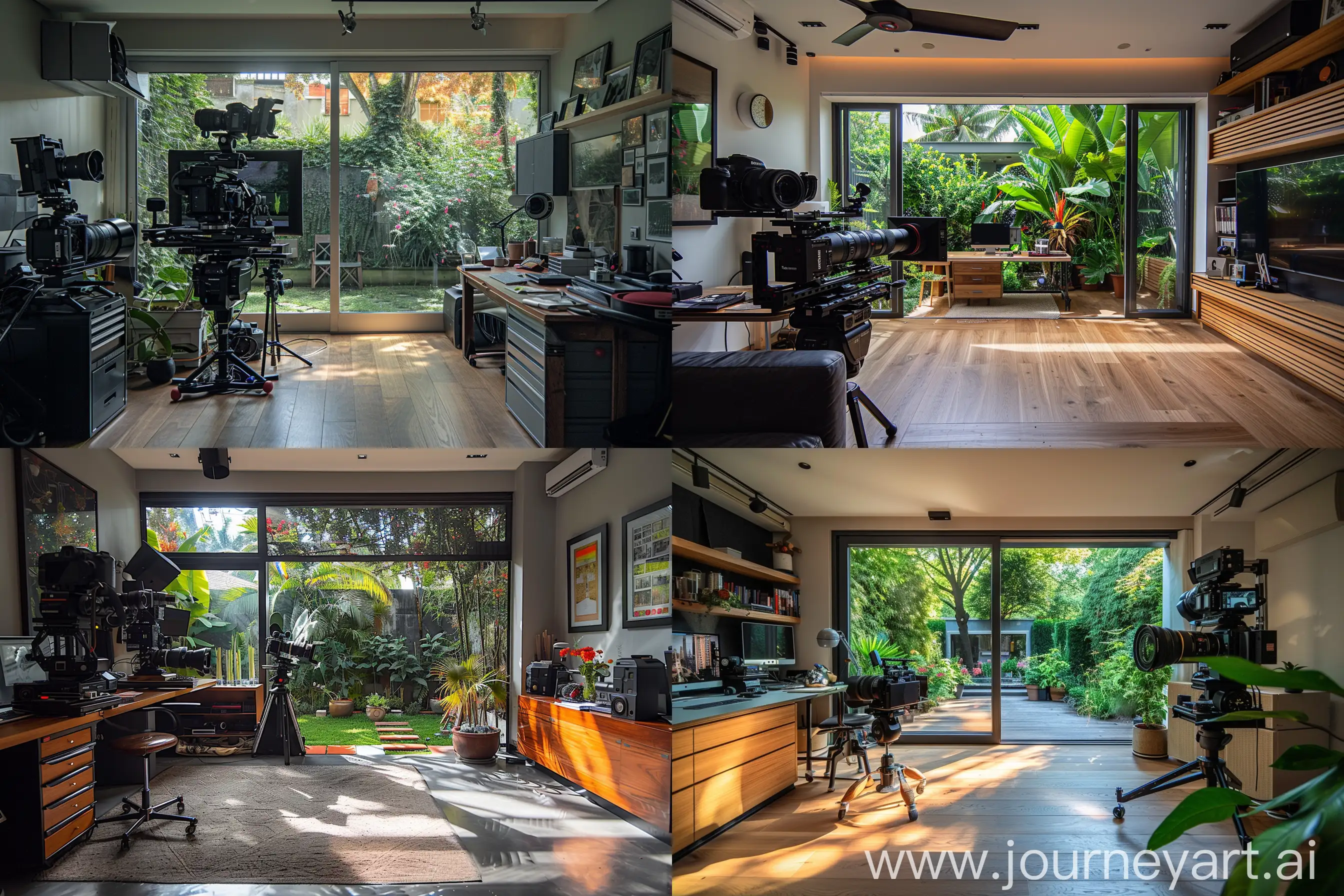 /imagine prompt:Inside a photographer's inviting workspace, featuring a large camera setup, a desk against the wall, expansive natural lighting from a big window with views of a verdant garden, designed for simplicity and warmth. --ar 3:2 --style raw --stylize 200