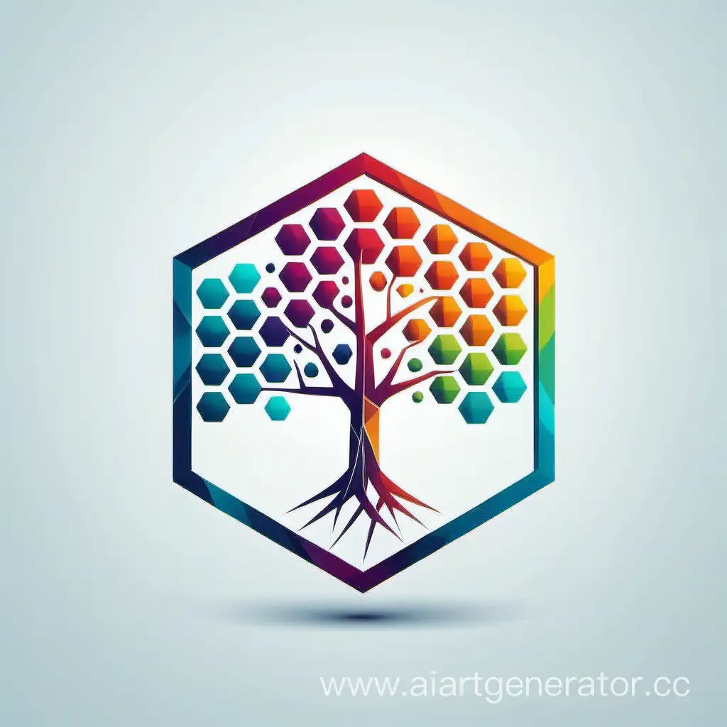 логотип для студии аддитивных технологий в виде дерева в форме шестигранника небесного цвета минимализм