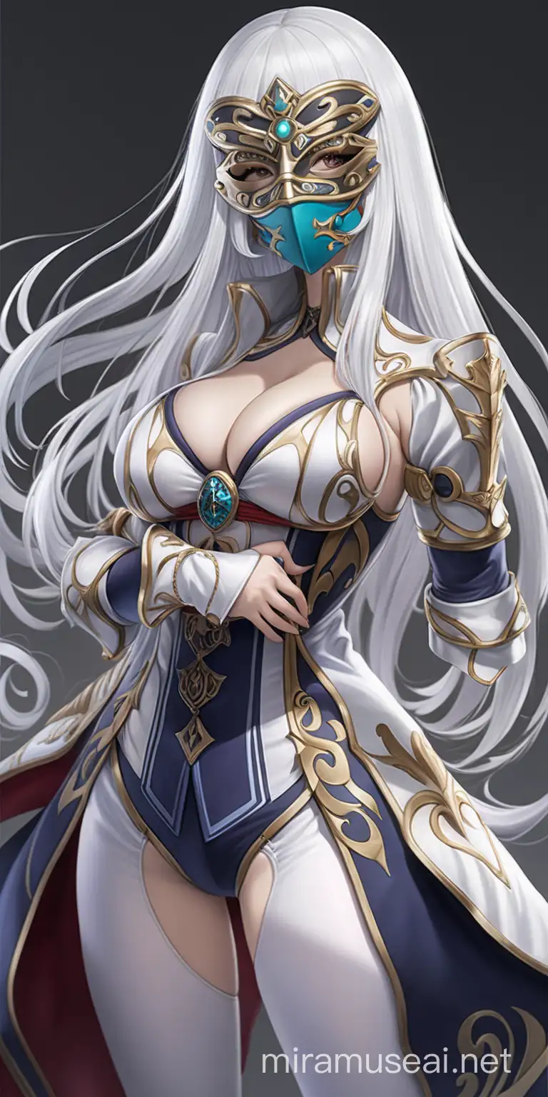 (((masterpiece))), best quality, expressive eyes, perfect face, woman in a mask, Noble woman duelist wearing mask that only covers her eyes. There are no eye holes in the mask. She has long white hair. large bust and curvy body, full body visible. Anime style