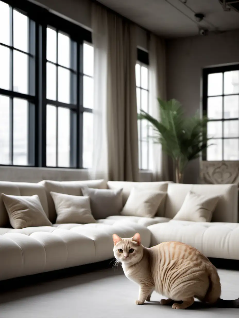 Luxurious TwoStory Minimalist Loft Interior with British Golden Chinchilla Cat