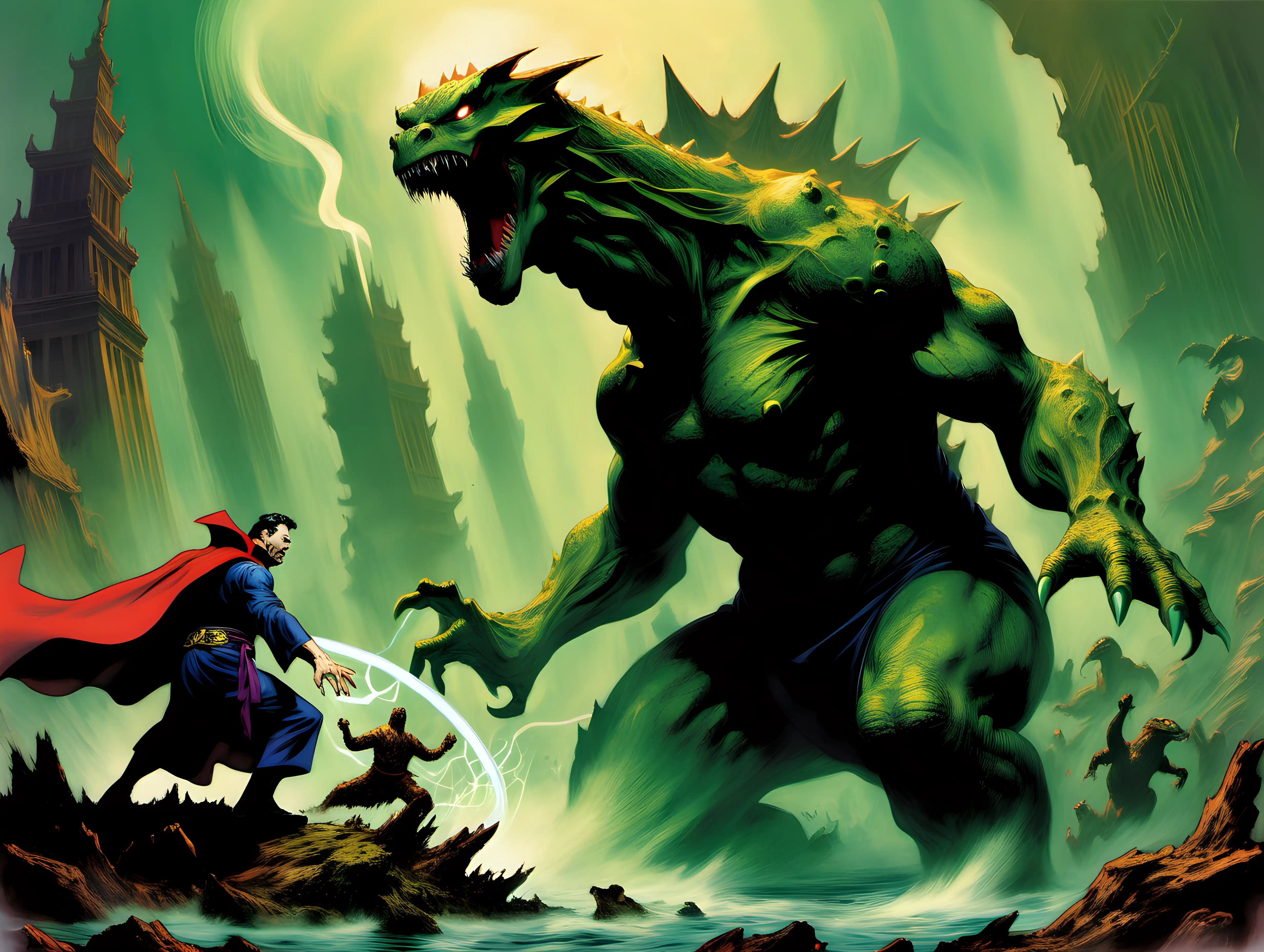 Doctor Strange fighting Godzilla in ancient swamp Frank Frazetta style