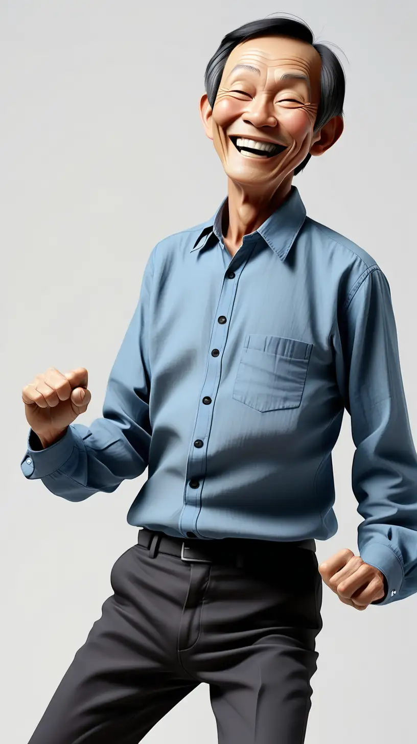 a 60-year-old Asian man with a skinny body, black short thin hair, wearing a blue button-up shirt and black pants? He's dancing with a smile on his face. white background
