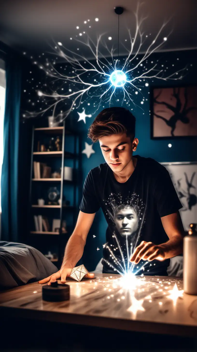 A young man doing magic with his full mental potential in his room and shiny super natural things around it 